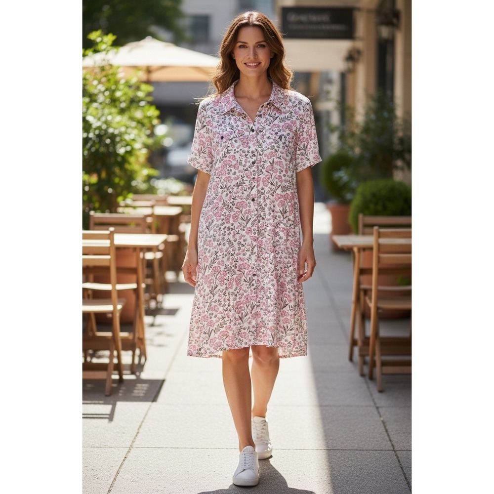 Lark + Grey shirt Dress Short Sleeve Size m  Pink Floral linen Blend